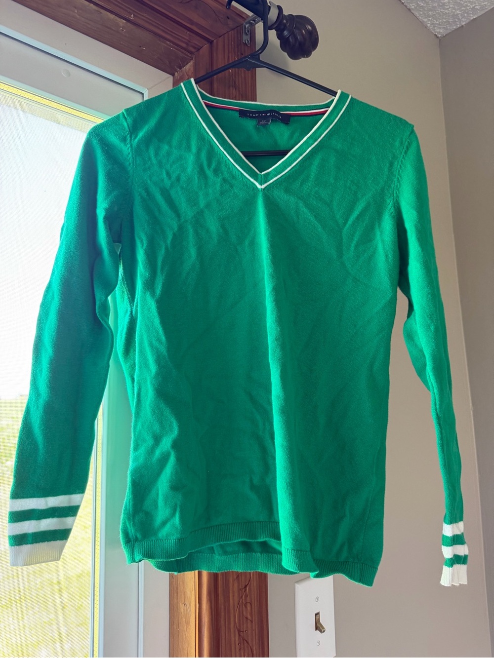 Tommy Hilfiger Green V-Neck Sweater with White Trim